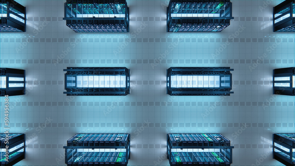 Poster Modern Data Technology Center Server Racks Working in Well-Lighted Facility. Concept of Internet of Things, Big Data Protection, Storage, Cryptocurrency Farm, Cloud Computing. 3D Top Down View.