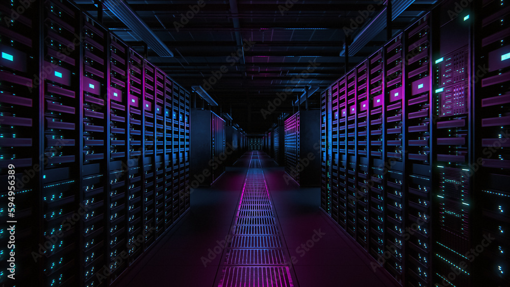 Aufkleber Data Technology Center Server Racks Working in Dark Facility. Concept of Internet of Things, Big Data Protection, Storage, Cryptocurrency Farm, Cloud Computing. 3D Render of Crypto Miners.