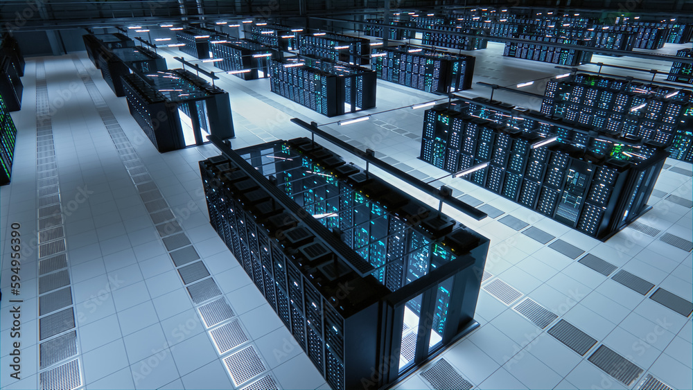 Aufkleber Data Technology Center Server Racks Working in Well-Lighted Room. Concept of Internet of Things, Big Data Protection, Storage, Cryptocurrency Farm, Cloud Computing. 3D Shot of Powerful Computers.