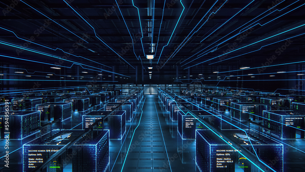 Aufkleber Futuristic Data Center with Turned on 3D Inforgraphics. Augmented VFX Visualization on Server Farm Cloud Computing Facility. Internal System Working Properly in Cyber Data Security Company.