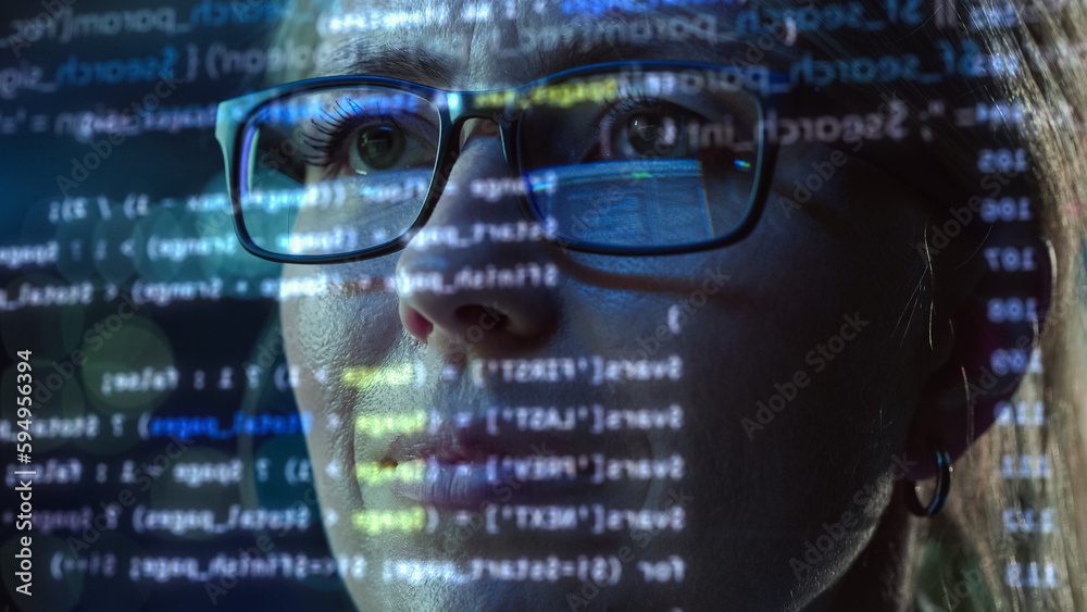 Leinwandbilder Portrait of Female Startup Digital Entrepreneur Working on Computer, Line of Code Projected on Face and Reflecting in Glasses. Developer Working on Innovative e-Commerce App using AI and Big Data