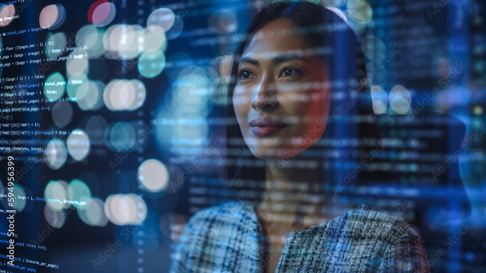 Poster Portrait of Asian Female Startup Digital Entrepreneur Working on Computer, Line of Code Projected on Her Face and Reflecting. Software Developer Working on Innovative e-Commerce App using AI, Big Data