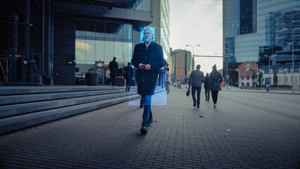 Crowd of Business People Tracked with Technology Walking on Busy Urban Megapolis City Streets. CCTV...