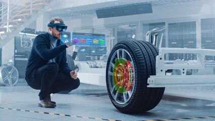 Automotive Engineer Working on Electric Car Chassis Platform, Using Augmented Reality Headset with...