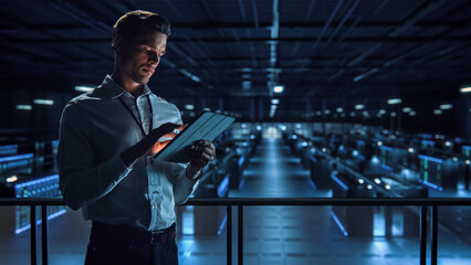 Successful Data Center IT Specialist Using Tablet Computer. Server Farm Cloud Computing Facility...