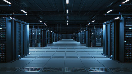 Modern Data Technology Center Server Racks Working in Dark Facility. Concept of Internet of Things, Big Data Protection, Storage, Cryptocurrency Farm, Cloud Computing. 3D High Tech Warehouse.