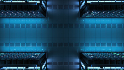 Modern Data Technology Center Server Racks Working in Dark Facility. Concept of Internet of Things, Big Data Protection, Storage, Cryptocurrency Farm, Cloud Computing. 3D Top Down Render. © Gorodenkoff