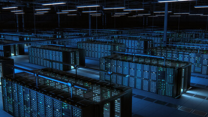 Modern Data Technology Center Server Racks Working in Dark Facility. Concept of Internet of Things, Big Data Protection, Storage, Cryptocurrency Farm, Cloud Computing. 3D Shot of High Tech Warehouse.