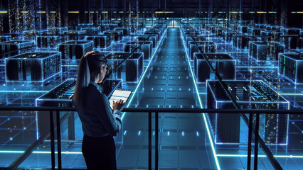 Successful Female Data Center IT Specialist Using Tablet Computer, Turning Augmented VFX Visualization on Server Farm Cloud Computing Facility. System Engineer Working for Cyber Data Security Company. - obrazy, fototapety, plakaty