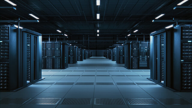 Modern Data Technology Center Server Racks Working in Dark Facility. Concept of Internet of Things, Big Data Protection, Storage, Cryptocurrency Farm, Cloud Computing. 3D High Tech Warehouse.