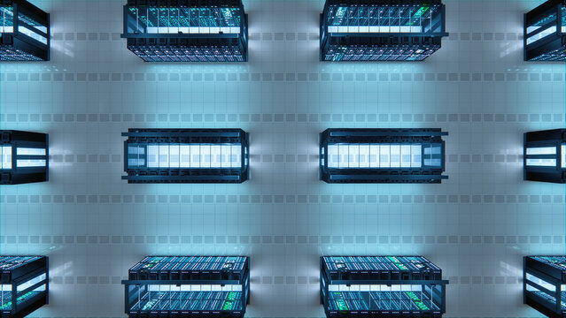 Modern Data Technology Center Server Racks Working in Well-Lighted Facility. Concept of Internet of Things, Big Data Protection, Storage, Cryptocurrency Farm, Cloud Computing. 3D Top Down View.