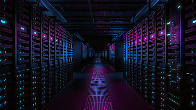 Data Technology Center Server Racks Working in Dark Facility. Concept of Internet of Things, Big Data Protection, Storage, Cryptocurrency Farm, Cloud Computing. 3D Render of Crypto Miners.