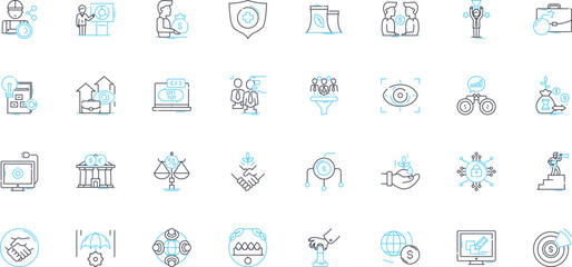Online banking linear icons set. Security, Efficiency, Convenience, Accessibility, Transactions, Accounts, Integration line vector and concept signs. Transactions,Transfers,Balances outline