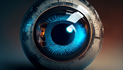 Close-up of human or robot eyeball with blue pupil scanning, Generative AI