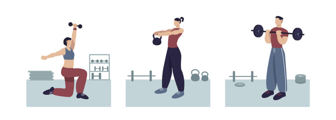 Set of cartoon characters of athletic people lifting dumbbells