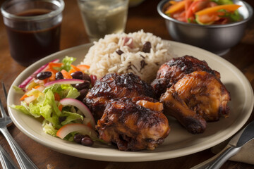 Jerk chicken (Jamaica) buffet lunch. AI Generated.
