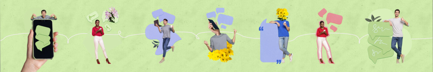 Photo creative minimal collage collection of young people communicating smartphone texting message...