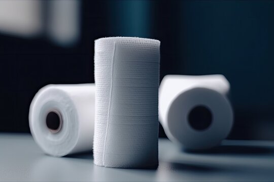three rolls of toilet paper on a table against a white background. Generative AI