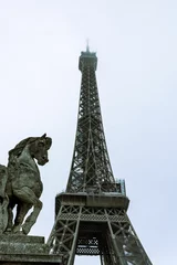 Fotobehang Historisch monument the horse statue is on top of the ledge in front of the eiffel
