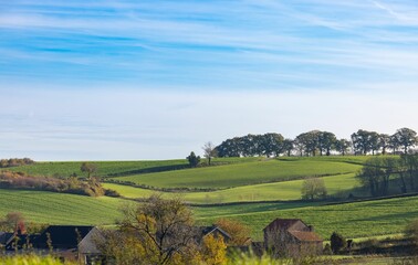 Fototapeta na wymiar Countryside landscape showcasing rolling hills dotted with small houses and trees