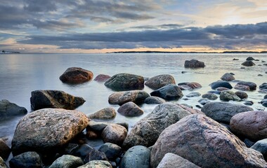 Picturesque landscape of natural rocks in a tranquil coastal setting