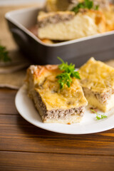 Cooked meat pie, pieces in a plate