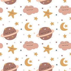 Cute seamless pattern for printing with planets and clouds on a white background