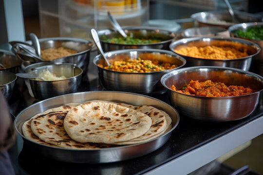 Naan bread (India) buffet lunch. AI Generated.
