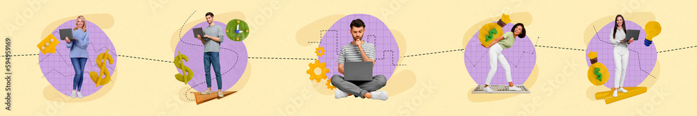 Poster collage 3d pinup pop retro sketch image of smart clever workers earning cash modern devices isolated