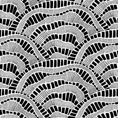 Black and white wavy pattern in doodle style. The seigaiha ornament is drawn in ink. Vector illustration. - 594959112