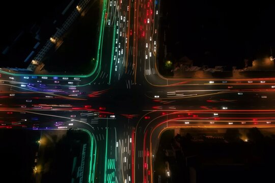 Top Down Hyperlapse Of Traffic Light Trails On Night City Streets - 3d Animation. Generative AI