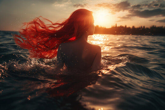 Vue de dos d'une sirène rousse nageant dans l'océan au coucher du soleil » IA générative