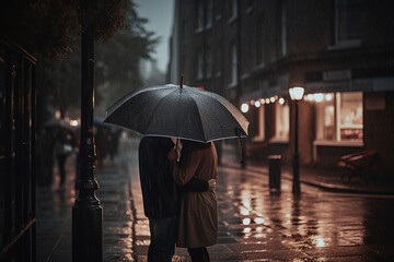 Vue de dos d'un couple sous la pluie dans une rue » IA générative