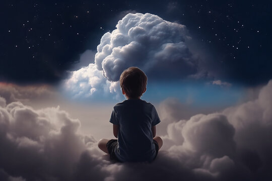 Vue de dos d'un garçon sur un nuage observant les étoiles dans le ciel » IA générative