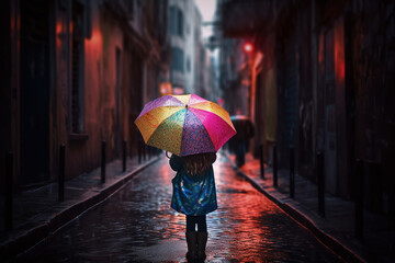 Vue de dos d'une jeune fille avec un magnifique parapluie arc-en-ciel » IA générative