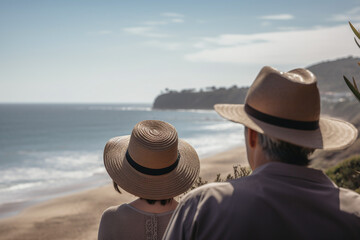 Vue de dos d'un couple de touriste observant l'océan » IA générative