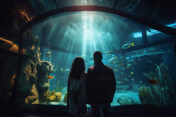 Vue de dos d'un couple devant un aquarium géant » IA générative