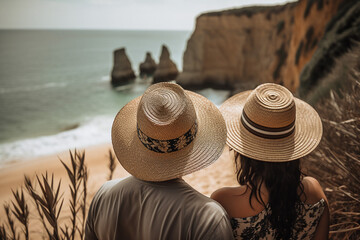 Vue de dos d'un couple de touriste observant une plage » IA générative - obrazy, fototapety, plakaty