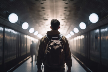 Vue de dos d'une personne sur le quai d'une station de métro » IA générative