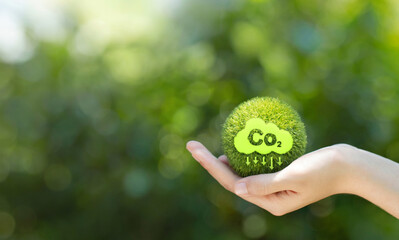  Reduce CO2 emission concept. Hand holding the green ball with CO2 emission reduction...