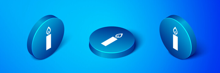 Isometric Burning candle icon isolated on blue background. Cylindrical candle stick with burning flame. Blue circle button. Vector