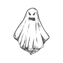 Hand drawn sketch of ghost isolated on white background. Scary white ghost. Happy Halloween. Cute vintage spooky character.  Vector illustration for posters, decoration and print.