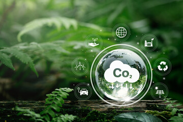 Fototapeta Globe Glass with CO2 icons In Green Forest With Sunlight.Reduction of carbon emissions, carbon neutral concept. Net zero greenhouse gas emissions target.Developing sustainable CO2 concepts. Reduce CO2 obraz