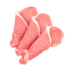 sliced raw pork meat isolated on white background. Top view. Flat lay