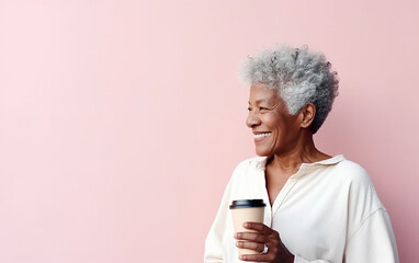 Senior older modern black dark-skinned african american woman drinking take away coffee and enjoys life. Generative AI