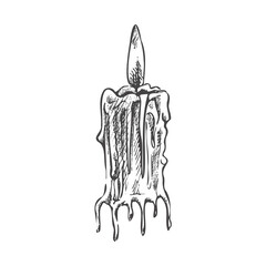 Hand drawn sketch of  burning candle. Vector illustration of a vintage style.  Halloween or Christmas drawing.