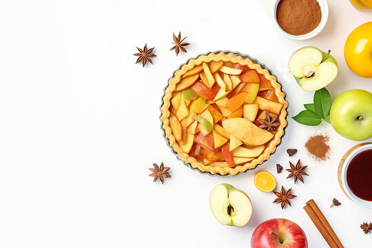 Apple pie in progress with fresh unbaked apple slices. Generative AI illustration