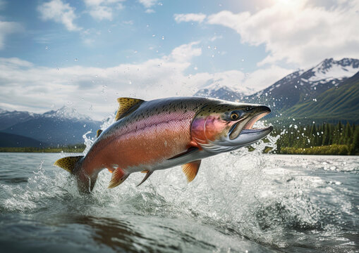 Sockeye Salmon jumping out of water in Alaskan river.  Ai Generative image