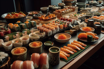 Sushi (Japan) buffet lunch. AI Generated.