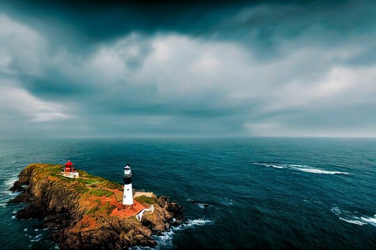 Aerial view of a lighthouse situated on a small island surrounded by the tranquil ocean